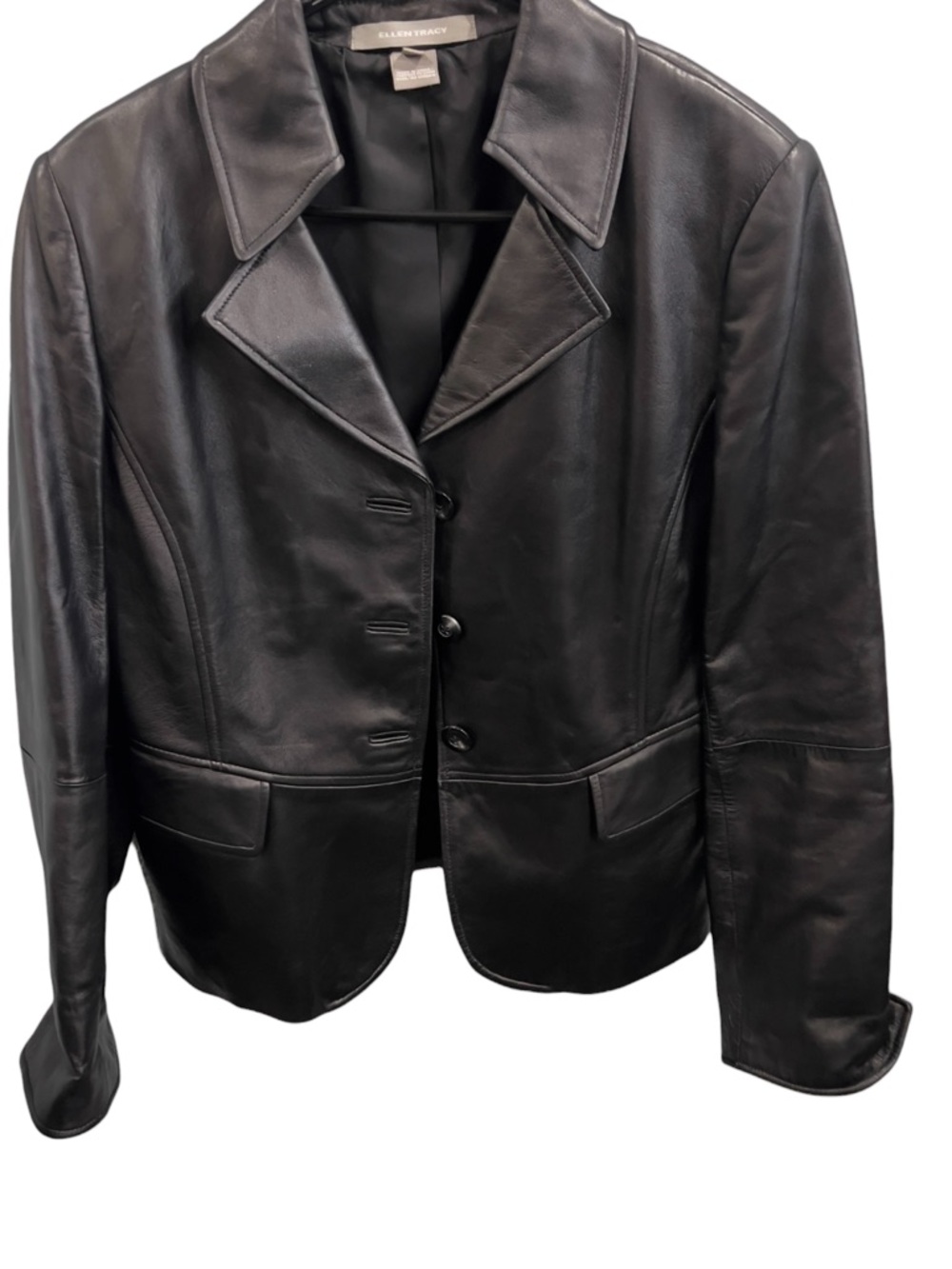 Ellen Tracy Black Leather Button-Front Jacket
